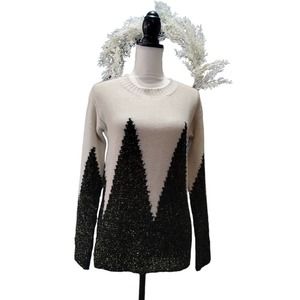 Chunky Knit Christmas Sweater Metallic Black Cream Gold Crew Neck Cotton Trees